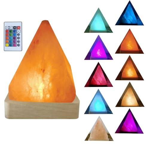 YZYOE USB Rainbow Gradient Himalayan Salt lamp, Solid Wood Base Atmosphere Decoration Pyramids Salt Light with Remote Control, Natural Crystal Stone Bedside Night lamp, Handmade Crafts.