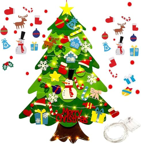 Árbol de Navidad de fieltro para niños pequeños, árbol de Navidad para decoraciones de Navidad, árbol de Navidad de fieltro para colgar en la pared, 32 adornos para niños con cadena de luz.