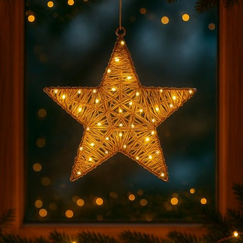 Ideen mit Herz Deko-Stern aus Draht | umwickelt mit LED Draht-Lichterkette und Hanfseil | Vintage-Look | batteriebetrieben | Timer-Funktion | warmweiß | ideal als Weihnachts-Deko (Ø ca. 37cm)