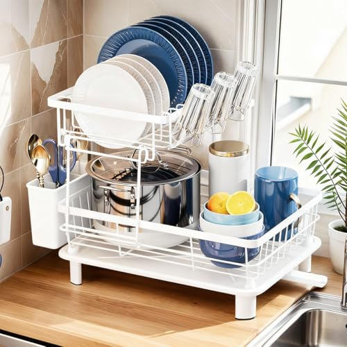 2 Tier Dish Drying Rack with Drain Tray,Stackable Hanging Dish Rack with Draining Spout,Adjustable Foldable Kitchen Organizer,Double Layer Plate and Cup Holder for Counter Space Saving (White)