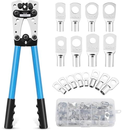 Professional Battery Cable Crimping Tool 6-50mm² (10-1/0 AWG) with 60 PCS Copper Ring Terminals, Heavy Duty Wire Lug Crimper Kit with Cable Cutter