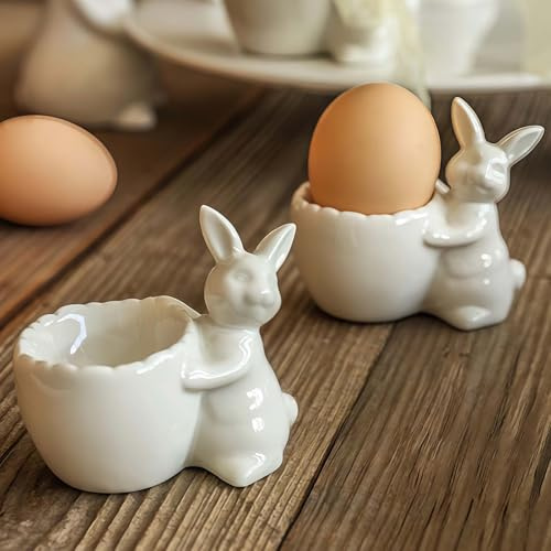 wikimo 2er Set Eierbecher Lustig Hochwertiger Eierbecher Keramik Kinder Design Süße Hasen für Ostern, Frühstück, Esstisch Dekoration Weiß Beige