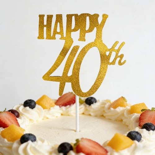 40th Birthday Cake Topper - Golden Happy 40th Cake Decoration, Non-Edible Durable Party Topper for Adult Celebration
