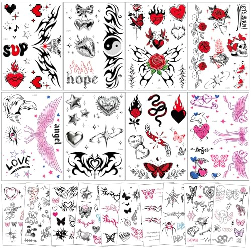 Qpout 18 ark Y2k realistiska tillfälliga tatueringar, vattentät sexig mage byst midja midja rygg falska kroppskonsttatueringar klistermärken för kvinnor flickor möhippor