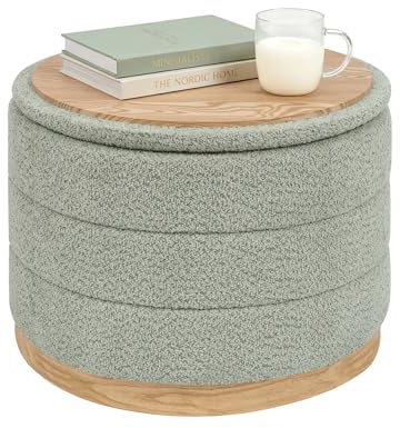 PINPLUS Runder Sitzhocker mit Stauraum, Chenille, 58x58x44 cm, Salbeigrün | gepolsterter Hocker, klappbar, Couchtisch & Fußhocker, Holzoptik Kunstleder Verzierung, für Wohnzimmer, Schlafzimmer, Flur