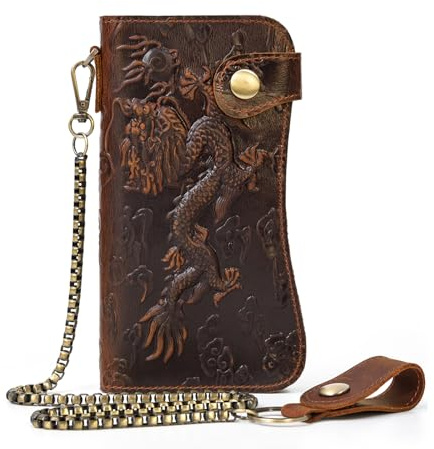 Yevabo Vintage Full Grain Genuine Leather Long Wallet - Dragon Embossed Large Capacity Clutch Wallet with Anti-Theft Chain, Card Holder Zipper Coin Purse for Men, Brown