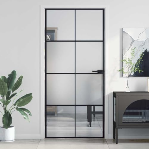 YunCangg Puerta interior fina negra de 93 x 201,5 cm, cristal templado y aluminio, hoja de puerta de doble cara con paneles transparentes mate, para instalación de marcos en el hogar, renovación
