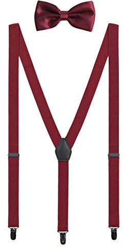 WANYING Set di Bretelle e Papillon per Donna Uomo Adolescenti, Forma di Y Larghe 2,5 cm Bretelle con 3 Nere Clip Elastico e Regolabile per Statura 1,5-2,0m - Tinta Unita Bordeaux