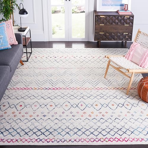 SAFAVIEH Boho Teppich für Wohnzimmer, Esszimmer, Schlafzimmer - Madison Collection, Kurzer Flor, Elfenbein und Marineblau, 91 X 152 cm