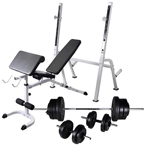 Festnight- Hantelbank mit Ablage, Langhantel und Kurzhantel-Set 60,5 kg | Stahl Fitnessbank | Trainingsbank mit Hantelset 150 x 45 x 123 cm