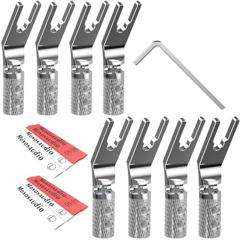 Monosaudio 8 Stück Lautsprecher Gabelstecker SY1508R rhodiniert | Reinkupfer, Doppelschraubverriegelung, 8–20 AWG (bis 4 mm²), Spade Connector für Lautsprecherkabel und Verstärker
