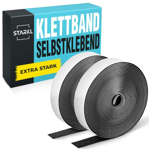 STARKL Klettband Selbstklebend Extra Stark, 5 m × 20 mm, Schwarz | Industrieklebstoff in Profiqualität, werkzeuglose Montage, extra starkes geruchloses Selbstklebeband, Premiumqualität