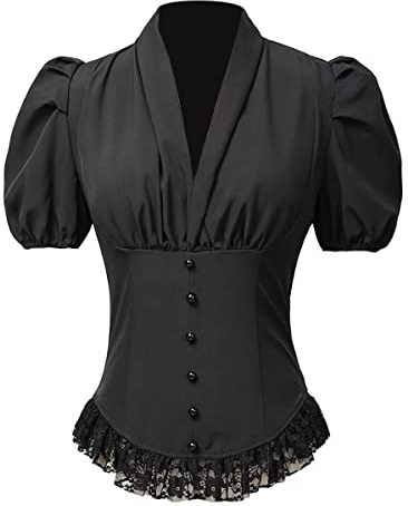 Viktoriansk korsett för kvinnor, skjortor, gotisk steampunk snörningsblus, Svart, XL