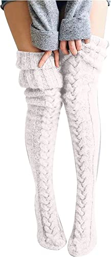 FGFD&OU Calze da Donna Sopra il Ginocchio Calzini Termici Invernali Extra Lunghi Calze Natalizie Calzettoni a Maglia Calze di Coscia Retro Scaldamuscoli per Lady e Ragazze (Bianco)
