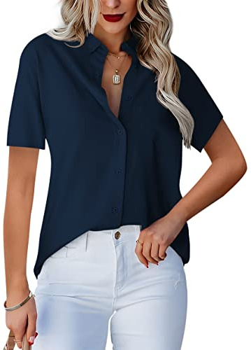 Homlan Damblus, v-ringad, långärmad, elegant, ledig, knappblus, arbetsblus, enfärgad, med bröstfickor, D-mörkblå, XXL