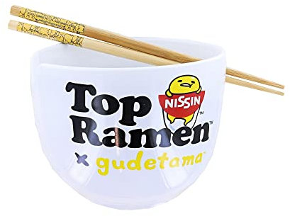 Silver Buffalo Sanrio Gudetama Top Ramen More Please 20oz Ceramic Ramen Bowl with Chopsticks