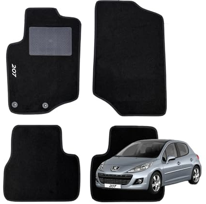 W-Parts Serie 4 TAPPETI - TAPPETINI in Moquette Neri per 207 dal 2006 al 2012 con battitacco Cucito, Bottoni di Fissaggio e Striscia Antiscivolo