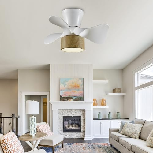 YUNZI Kleiner Deckenventilator Mit Licht Und Fernbedienung Kinder-Deckenleuchte Mit Ventilator Leise Reversibler DC-Motor 6 Geschwindigkeiten Für Schlafzimmer Wohnzimmer LED Dimmbarer-Wood grain