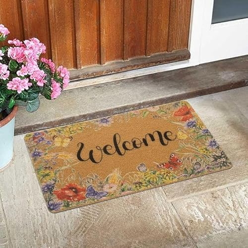 CaySep Felpudo de bienvenida floral antideslizante de fibra de coco para interiores y exteriores, felpudo decorativo con diseño de Hello Spring