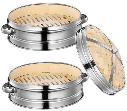 Panier de vapeur en bambou, vapeur en bambou 7,9 pouces 2 niveaux Panier de vapeur en bambou avec couvercle et poignée binaurale à vapeur creux avec anneau en acier inoxydable pour cuire les dim sum,