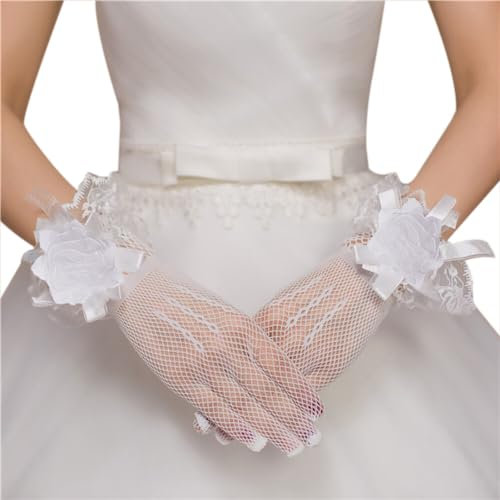 Asudaro Damen Spitze Handschuhe, Elegante Kurze Handschuhe Spitze Handschuhe Frauen Kurze Spitze Brauthandschuhe mit Blume Schleife 26cm Für Hochzeiten, Verlobungen, Urlaub Parteien Beige