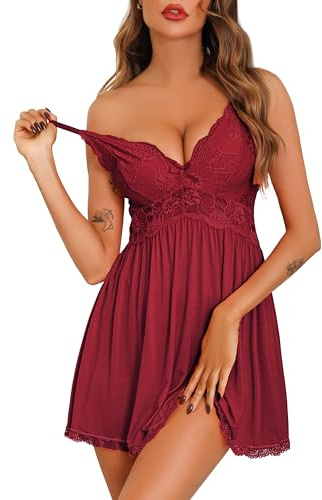 Vlazom Women Nighties, Elegant Lingerie for Ladies Nightdress Lace Chemise Slip Dress V Neck Babydoll Sleepwear Wine Red,XXL