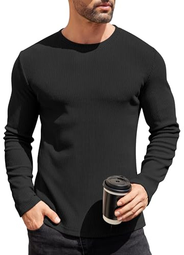 COOFANDY Suéter de Cuello Redondo para Hombre Ajuste Delgado Ligero Manga largasuéter de Punto Negro L