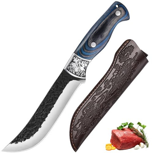 Fubinaty Küche Ausbeinmesser japanische Kochmesser handgefertigt geschmiedet Outdoor-Kochmesser High Carbon Steel Fleisch und Gemüse Messer mit Lederscheide für Home Camping Jagd BBQ