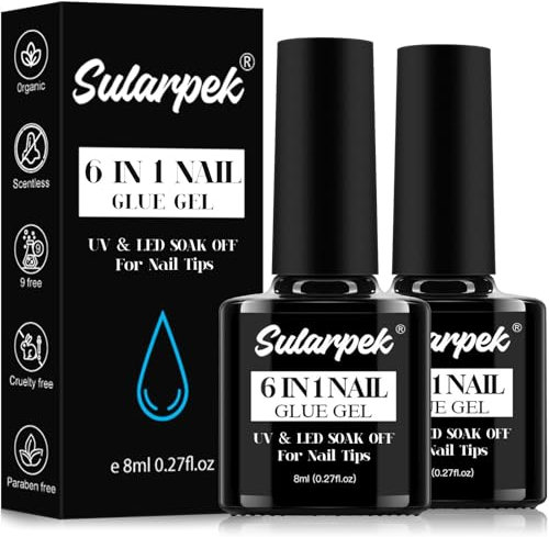 Sularpek 2 PCS 8ml Nagelkleber für Kunstnägel, 6 in 1 Clear Extra Stark Nail Glue, UV Nagel Kleber, Gel Nagelkleber for Nail Tips Press on Nail Fake Nails-Brauchen Ausharten Unter UV Nagellampe