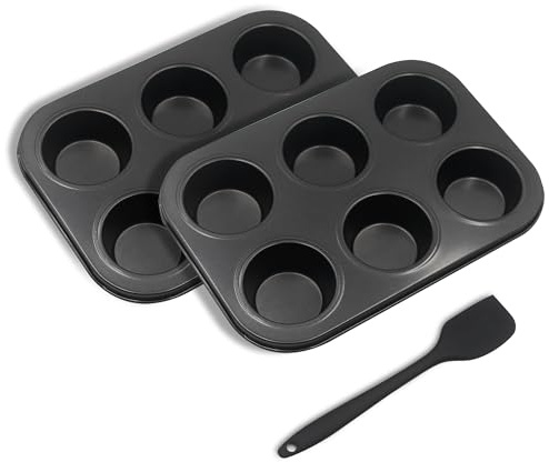 Bakexcel Non-Stick Muffin Pans, 6-Cup Standard Baking Pans Set of 2 with a Scraper for Perfect Muffins & Cupcakes