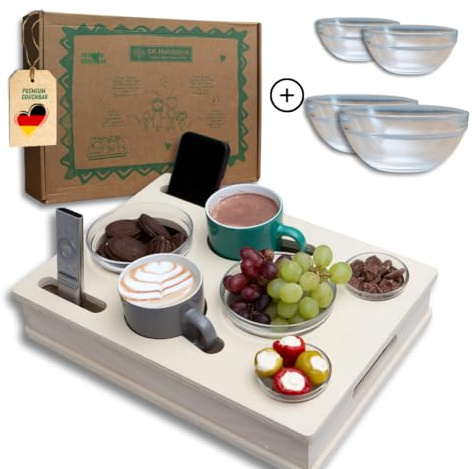 PEGSEN ALL IN ONE Couchbox in weiß mit 4 Glasschalen | Couchbar Snackbox personalisiert | Snackbar für die Couch | Couch Tablett mit Getränkehalter | Sofabar | Couch Butler für Kaffeetassen