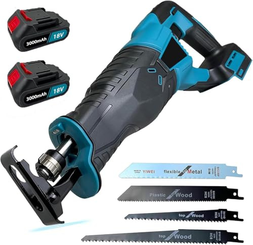Scie à Sabre, Sans Brosses À Batterie Pour Makita 18 V, Vitesse Variable De 0 À 2800 Spm Spm, Longueur Du Cylindre 32 Mm,4 Lames, Idéal Pour La Coupe Du Bois Et Du Métal (2 x 3000mah Batteries)
