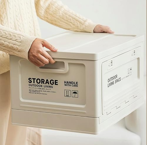 Collapsible Foldable Storage Container Box Bin with Lid, Plastic Storage Stackable Folding Utility Crates for Camping, Home, Kitchen, Office, Car, Outdoor and Indoor, RV, School, 50L - Off White