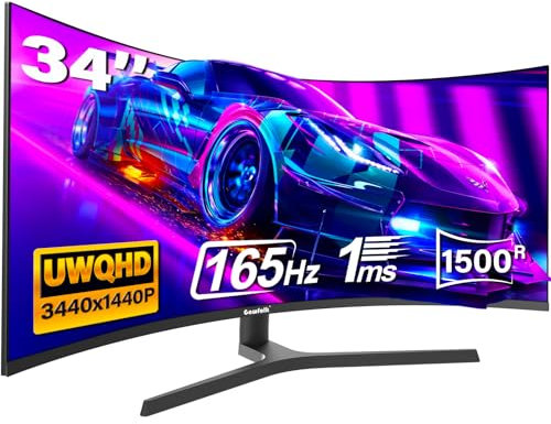 34 Inch Curved Gaming Monitor, Ultrawide 1500R PC Screen, 165Hz / 144Hz Computer Monitor Height Adjustable with FreeSync, Support HDMI 2.0, DP 1.4, Wallmount 75x75mm