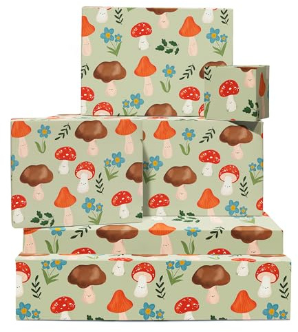 Grönt Mushroom Presentpapper - 6 ark Presentpapper Blommor För Kvinnor - Svampar och Söta Blommor - För Bröllop, Födelsedag, Jul - Återvinningsbart - Av Central 23