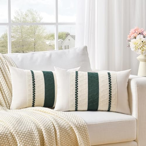 FDTERN 2er Set Boho Kissenbezug 30x50 Dunkelgrün,Dekorative Leinen Kissenbezüge Kissenhülle Dekokissenbezug Sofakissen Dekokissen Deko für Sofa Schlafzimmer Wohnzimmer