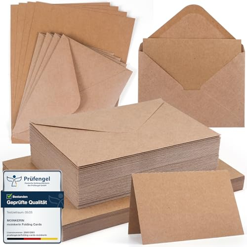 moinkerin 50x Klappkarten blanko mit Umschlägen (250g/m² A6) + 50x C6-Briefumschläge | Kraftpapier Umschlag Set für Hochzeitskarten, DIY Einladungen, Geburtstag & Weihnachtsgrüß （ Braun）