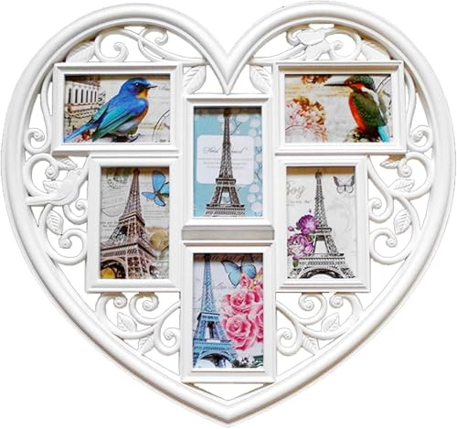 M.J COMFY-LIFE Heart-Shaped Photo Frame for Wall - Holds 6 Pictures (6x4 Inches), White 3D Multi-Photo Collage Frame - Perfect for Wedding, Anniversary, Valentine's Gift, Home Decor (58x54cm)