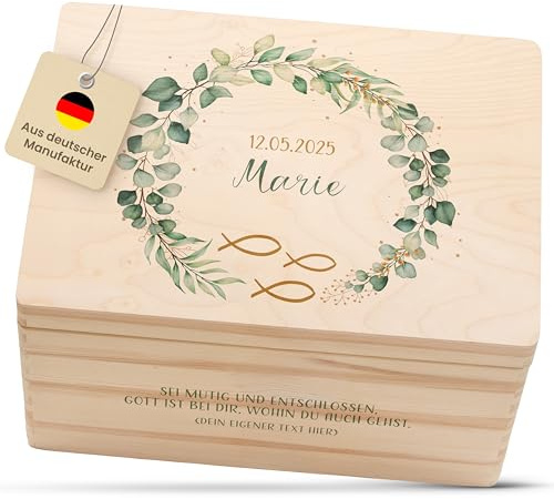 Amari® Personalisierte Holzkiste (Eukalyptus Fisch) | Erinnerungsbox aus Holz zur Taufe, Kommunion, Konfirmation, Firmung, Ostern | Geschenk für Mädchen & Jungen