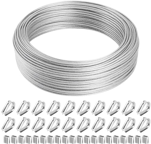 Bubuny Cuerda de Alambre de 50m de Largo, 2mm Cable de Acero Inoxidable 304 Recubierto de PVC, con Guardacabos y Manguitos de Engarce para Plantas Trepadoras, Tendedero Exterior, Lámpara Colgante