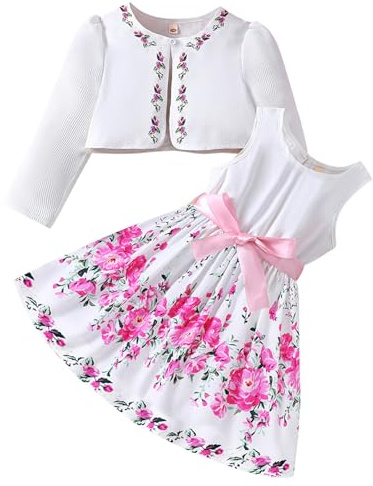 Little Girls Dress and Cardigan Sets 2 Piece Floral Print Sleeveless Dress Lace Edge Sweaters Spring Full Clothes for 2-7Years
