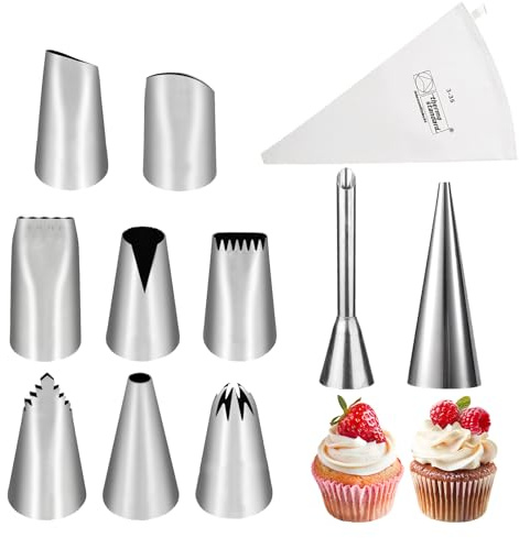 11 Stück Spritztüllen Set Spritzbeutel mit Tüllen Kommt mit 1 Stück Spritzbeutel Wiederverwendbar, Piping Nozzles Set für Cupcakes Tortenständer Kuchen