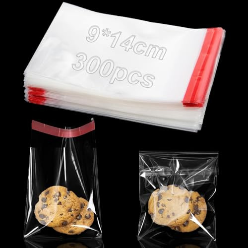 300 pièces de sachets cellophane autocollants 9x14 cm, sachets transparents à remplir OPP Petits sachets en plastique, sachets en plastique refermables pour biscuits, bonbons, chocolats, bijoux et