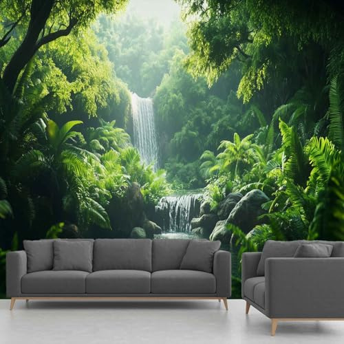 Générique Papier Peint Intissé Cascade, Papier Peint Panoramique Forêt Tropicale Humide Feuilles De Palmier, Fresque Murale – Décoration Murale Pour Salon, Chambre, Bureau – 350 x 256 cm(non adhésif)