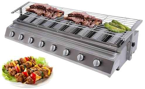 CIELOBLOEN Parrilla de Gas sin Humo con 8 quemadores y válvula de Baja presión, Barbacoa de Acero Inoxidable para Exterior, Ideal para balcón y terraza con Superficie Regulable