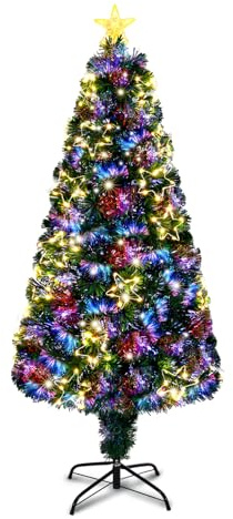 Outopee 6ft Fibre Optic Christmas Tree with Multi-Colour Changing, Green | 8 Lighting Modes, Star Topper, Star Ornaments, 230 Branch Tips, Pre-lit Artificial Xmas Tree for Holiday Home & Office Decor