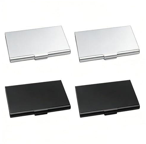 ikBrtaiay 4 Stück Visitenkartenetui aus Edelstahl, Slim Visitenkarten Etui für Herren und Damen, Schnallenstil Geschlossen, Metall Kartenetui für Business und Reisen (Schwarz + Silber)