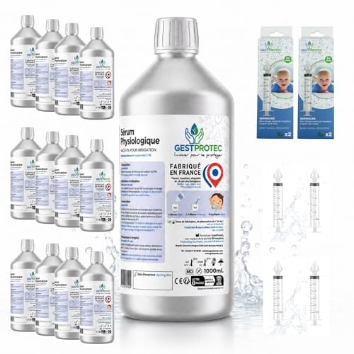 Serum Physiologique 1 Litre x12 + Seringue Nasale x4 – Kit Irrigation Nez | Lot 12x1L + 4 seringues nasales dès 6 mois – eau purifiée – solution saline isotonique – labo français