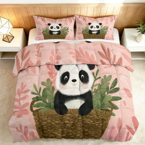 Piumino 200 x 200 cm Baby Panda Cartoon per letto 1/2 persone, Edredon Animali Campagna Reversibile 4 Stagioni, Coperta traspirante e morbida per bambini e ragazze, piumino senza copripiumino