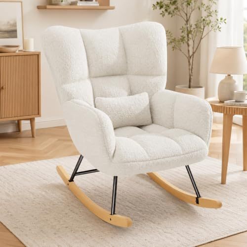 Fanerody Schaukelstuhl, Loungesessel, Stillstuhl, Wohnzimmersessel, Schaukelsessel aus Teddy-Stoff mit Metallgestell & Holzschaukel und Lendenkissen，Weiß